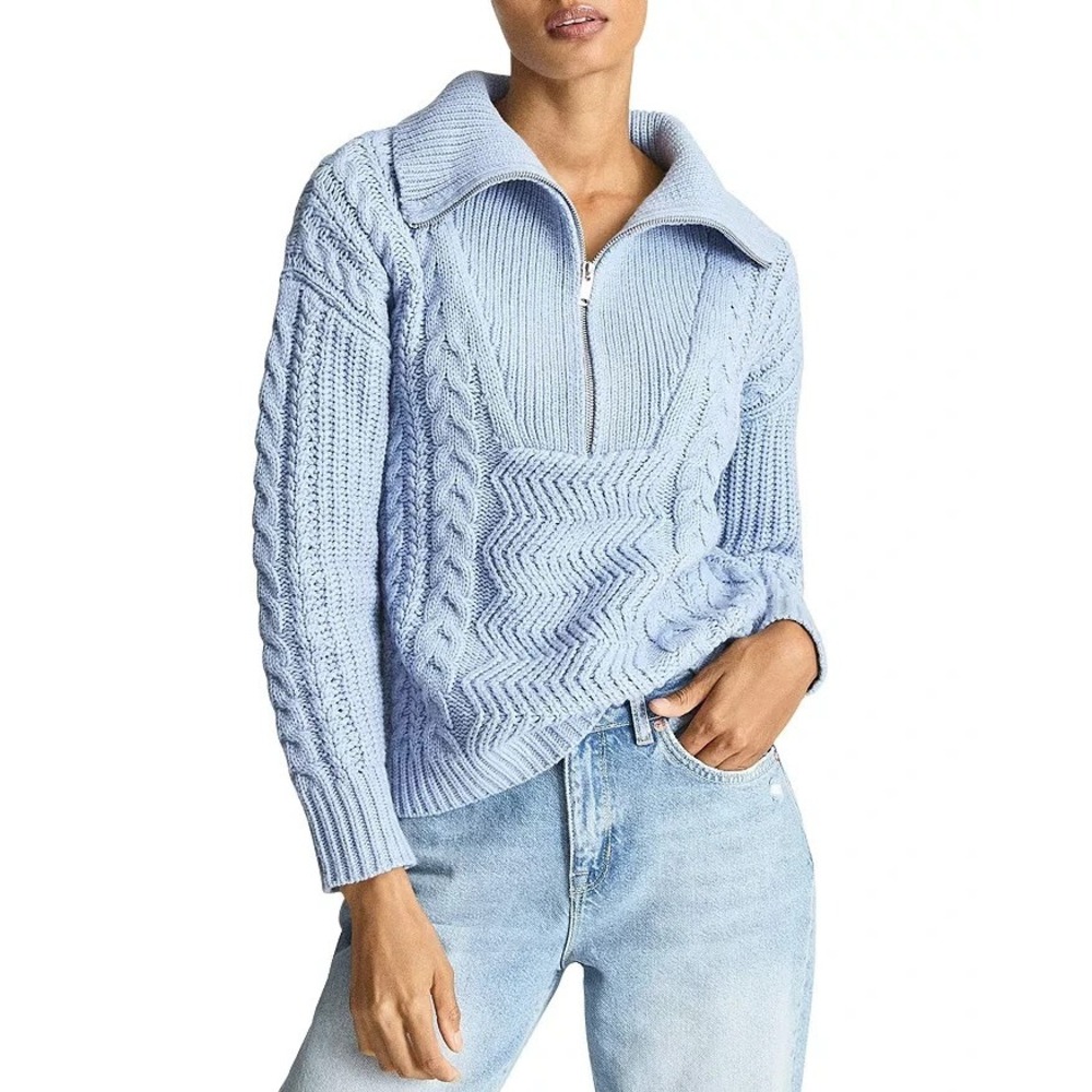 Reiss Cable Knit Sweater Women L Wool Blend Half Zip Pullover Chunky Blue Alexis